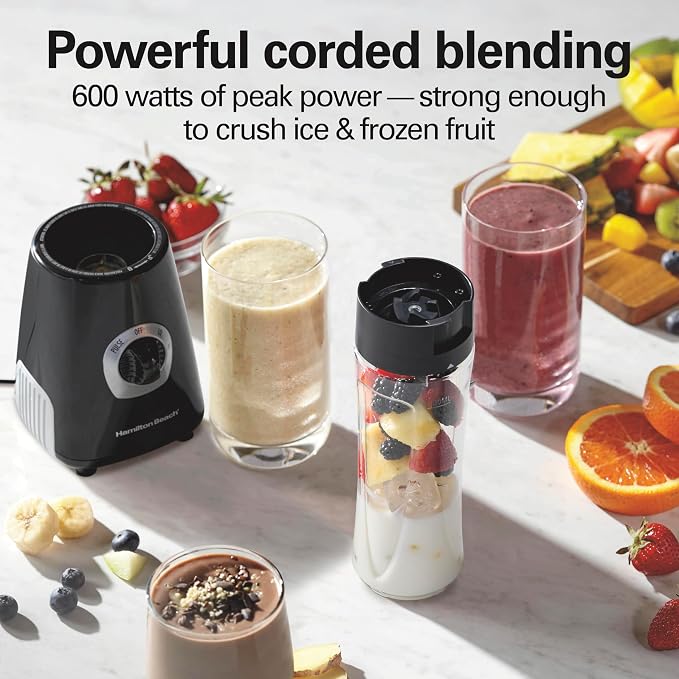 Hamilton Beach Go Sport Portable Blender For Smoothies | 20 oz. Personal Blender Jar | 600 Watt Motor & Stainless Steel Blades For Powerful Blending Performance | Black | 51143G