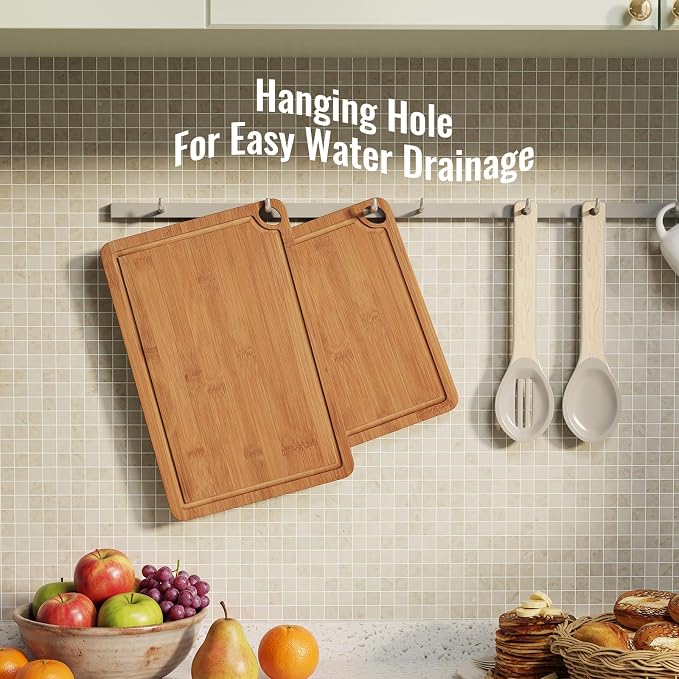Bamboo Cutting Board Set for Kitchen, Charcuterie Board with Juice Grooves | 3-piece set with storage stand; pre-oiled; deep juice channels; Chopping Board for meat,cheese,vegetables