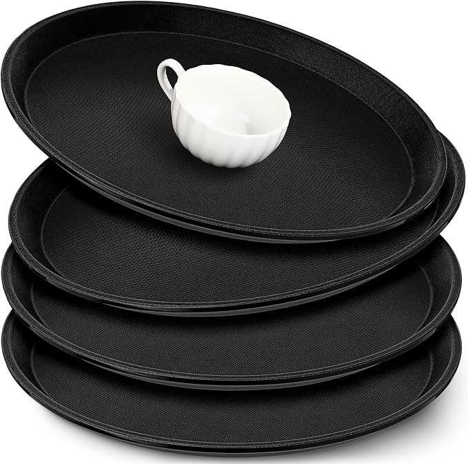 Zopeal 4 Pcs Bar Service Tray Round Plastic Non Slip,16" | For Waiter Server in Restaurant Cafeteria Bar, Raised Edges Prevent Spills, Cocktail Food Server, Textured Surface Grip