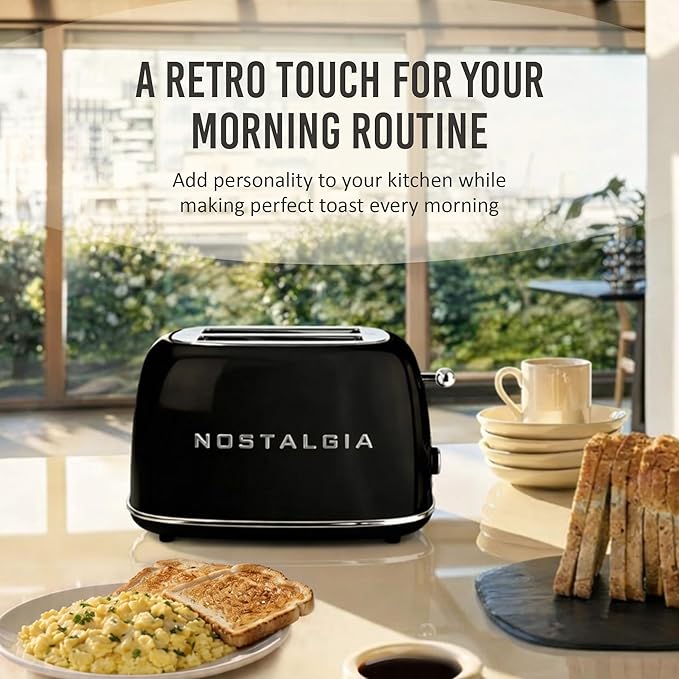Nostalgia Classic Retro 2-Slice Toaster- Vintage Design- Enamel Coated Steel Body- Wide Slots for all Breads- Crumb Tray, Cord Storage- Defrost,Cancel and Bagel Function & 6 Toasting Levels- Black