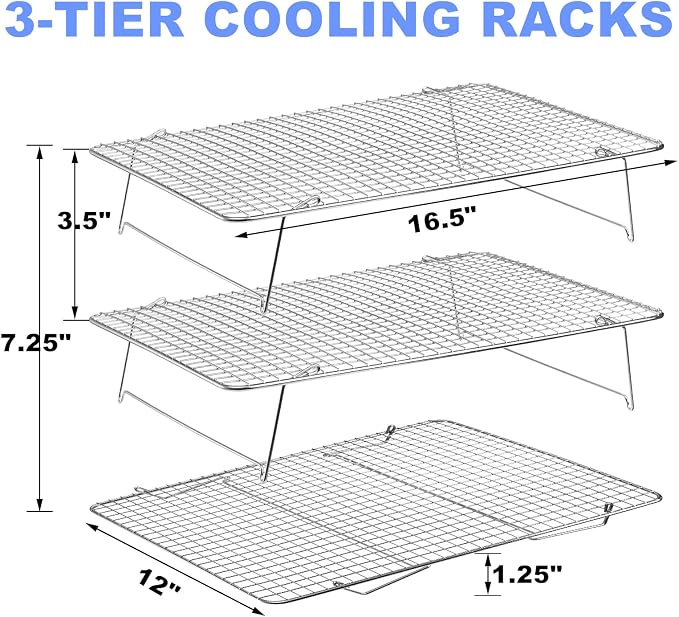 Tebery 304 Grade Stainless Steel Baking Rack 3-Tier Stackable Cooling Rack Set for Baking Cooking Grilling - 16.5" x 12"