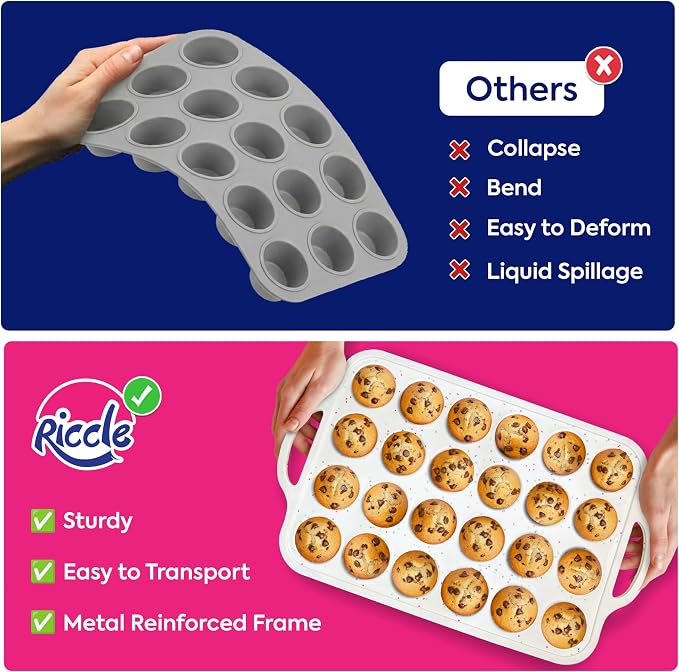 2 Pack Silicone Mini Muffin Pan with Metal Reinforced Frame, 24-Cup Mini Cupcake Pans, Mini Muffin Silicone Molds, Silicone Muffin Pans for Baking - Oven & Dishwasher Safe, BPA-Free