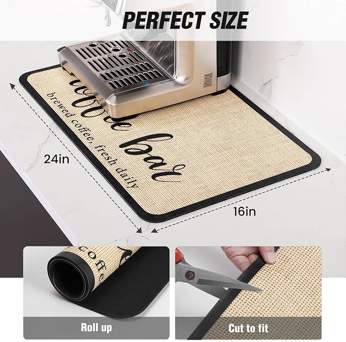 DK177 Coffee Mat - Dish Drying Mat for Kitchen Counter, Hide Stain, Absorbent with Waterproof Rubber Backing, Fit Kitchen Dish Rack Bar Accessories (Coffee Bar, 24" x 16")