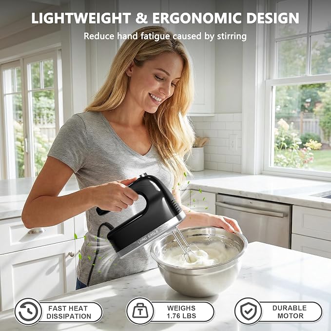 Lord Eagle 9-Speed Digital Hand Mixer Electric Handheld, 500W DC Motor | Kitchen Mixer for Cake Baking, Lightweight Egg Beaters with Stain-resistant & Waterproof Storage Bag & 6 Accessories, Black