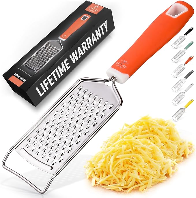 Zulay Kitchen Professional Cheese Grater Stainless Steel - Durable Rust-Proof Metal Lemon Zester Grater With Handle - Flat Handheld Shredder for Parmesan, Chocolate, Spices, And More - Orange