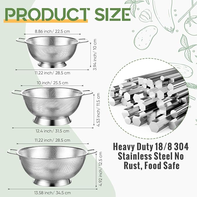 3 Pcs Stainless Steel Colander Set Colander Bowl and Sieves 1/3/5 Quart Metal Mesh Strainer Net Basket with Handles Food Spaghetti Strainer for Kitchen Draining Pasta Rinsing(Silver)