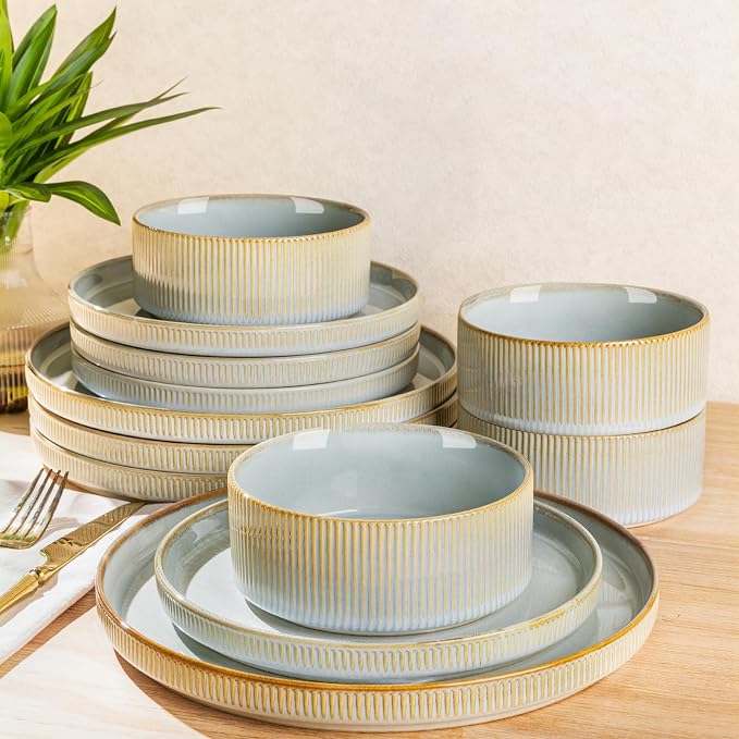Ceramic Dinnerware Set for 4, 12-Piece Plates and Bowls Set | Lightweight Porcelain Dish Set, Scratch Resistant, Oven & Microwave & Dishwasher Safe, Illusion Blue