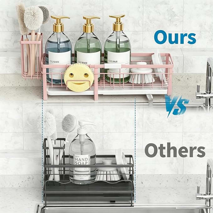 Extra Large Extendable Sponge Holder for Kitchen Sink Caddy Organizer | Rustproof Sink Caddy Organizer with High Brush Holder, Dish Soap Dispenser Organizers and Storage (Black)