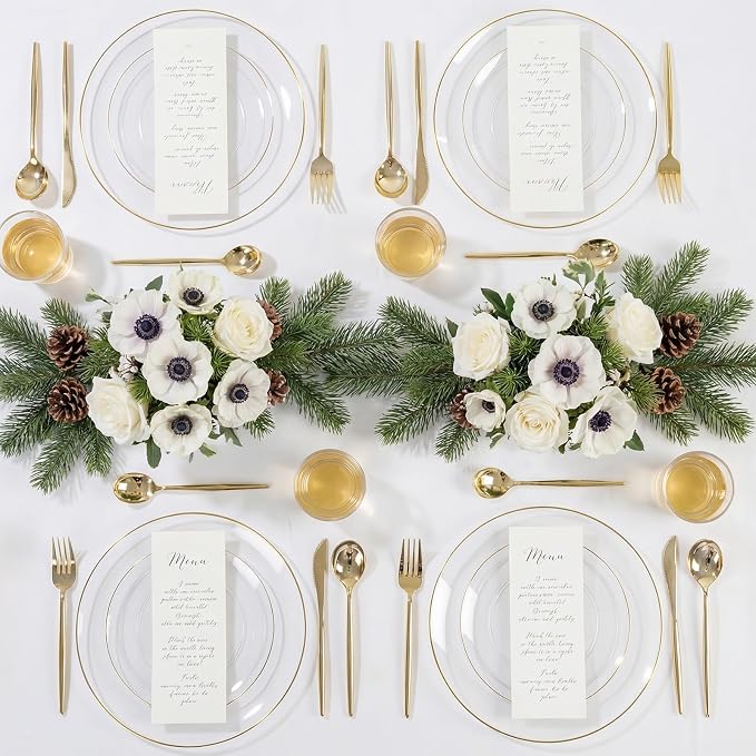 150Pcs Clear Plastic Plates,Premium Disposable Plates for Party | Clear Plates Set with Gold Rim Include 30 Dinner Plates,30 Dessert Plates, 90 plastic Silverware Set for Wedding