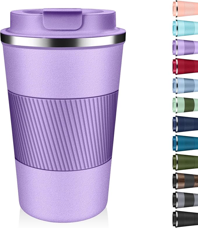 Insulated Coffee Tumbler 12 oz, Stainless Steel Coffee Mug with Lids, Travel Coffee Mug Leak Proof, Double Wall Vacuum Insulated Reusable Coffee Cup, Keep Drinks Hot and Cold (Lavender, 12 Ounces)