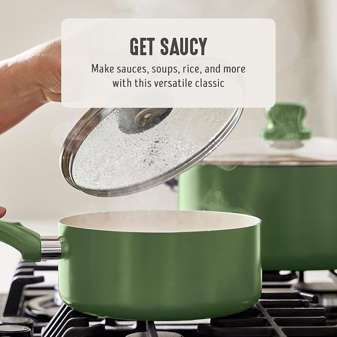 GreenLife 2QT Ceramic Nonstick Saucepan with Lid, Sage Green | PFAS-Free Ceramic Nonstick Coating, Soup Pot, Induction Ready, All Stovetop Compatible, Stay-Cool Handles, Dishwasher Safe