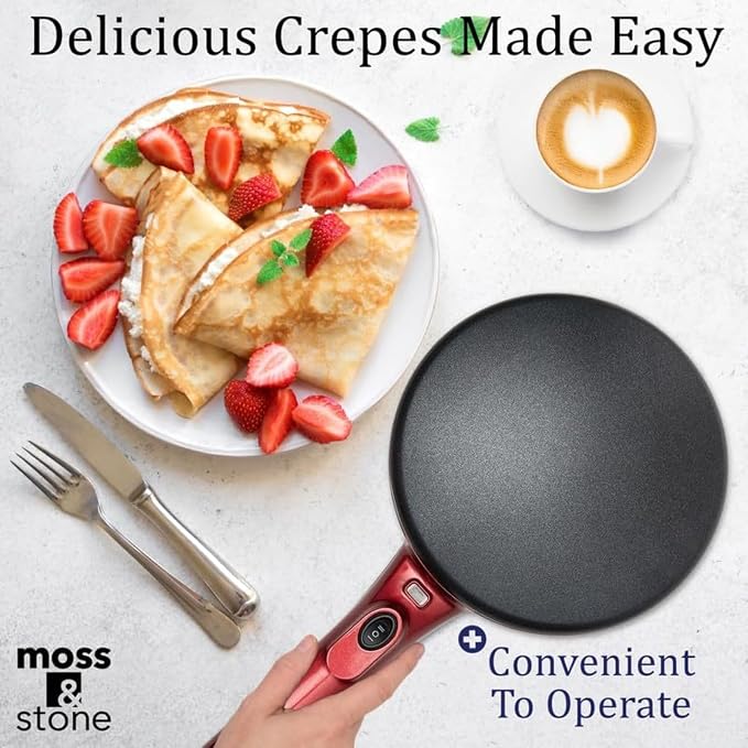 Moss & Stone Red Electric Crepe Maker, 8" Portable Nonstick Crepe Pan | Nonstick dipping plate, auto shut-off, on/off switch, even heating, dual temperature control, compact design
