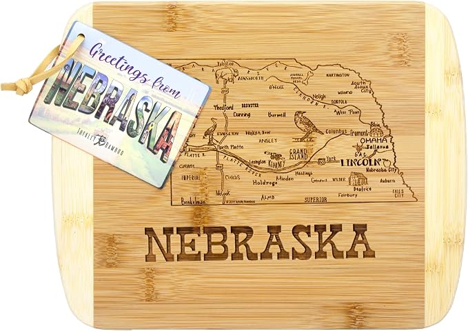 Totally Bamboo A Slice of Life Nebraska Engraved Map Cutting Board | 11” x 8.75” charcuterie board with engraved state map artwork. Smooth reverse side for food prep. Hang tie for wall display.