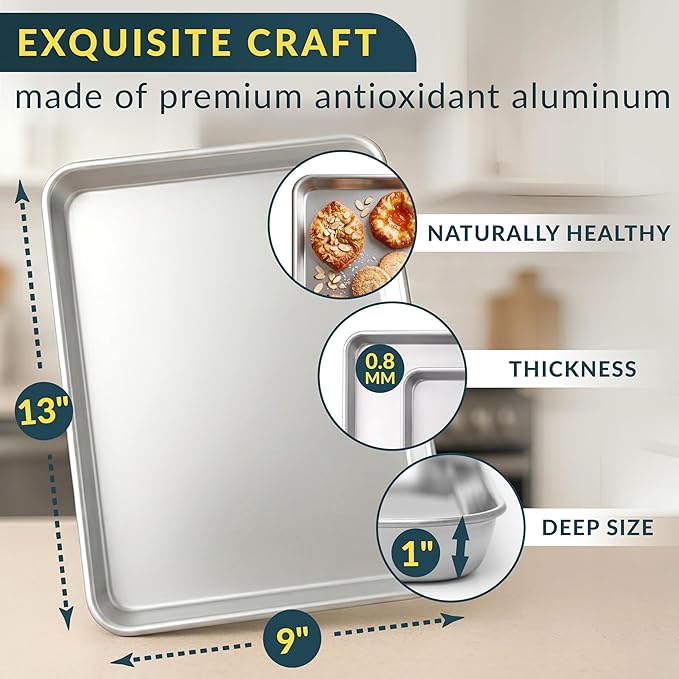 Aluminum Cookie Sheets for Baking Set of 2, 13x9" Quarter Sheet Pans | Anti-warp with reinforced steel rim; even-heat, rust-resistant & easy to clean; food-grade, oven-safe