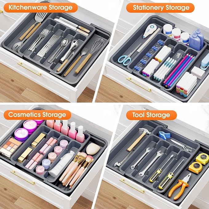 SpaceHacks Silverware Organizer，Adjustable & Expandable Drawer Organizer | Utensil Drawer Organizer, BPA Free Utensil Holder, Cutlery Tray for Forks, Spoons, Knives in Kitchen, Medium, Grey