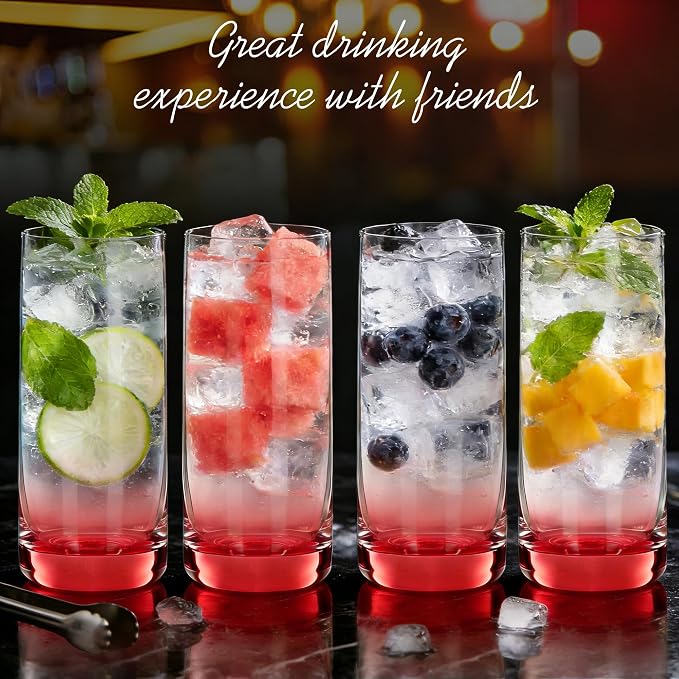 Red Highball Glasses Set of 6, Drinking Glass for Mixed Drink | 13oz ,Cups for Cocktail, Beer, Mojito, Water and Juice,Thick Tall Glassware for Kitchen, Restaurant, Home Bar and Parties
