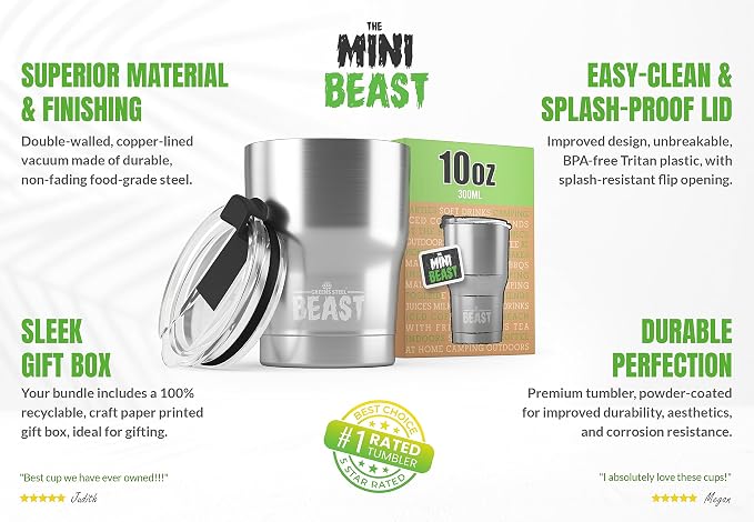 Beast 10 oz Tumbler Stainless Steel Vacuum Insulated Coffee Ice Cup Double Wall Travel Flask (Steel)