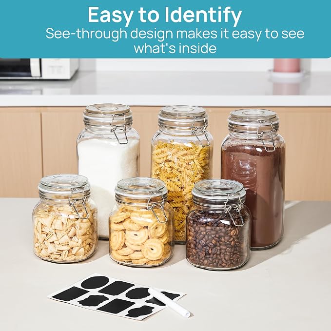 Vtopmart 78oz Glass Food Storage Jars with Airtight Clamp Lids, 3 Pack | Large Kitchen Canisters, For Flour, Sugar, Cereal, Coffee, Pasta and Canning, Square Mason Jars