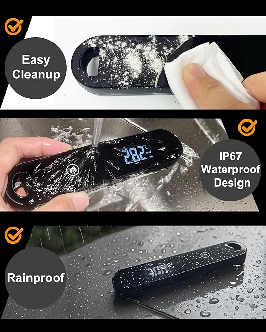 Charmline Meat Thermometer | 180° Auto-Rotating LED Display, 0.5-Second Read, Dual-battery Design, IP67 Waterproof and Dustproof