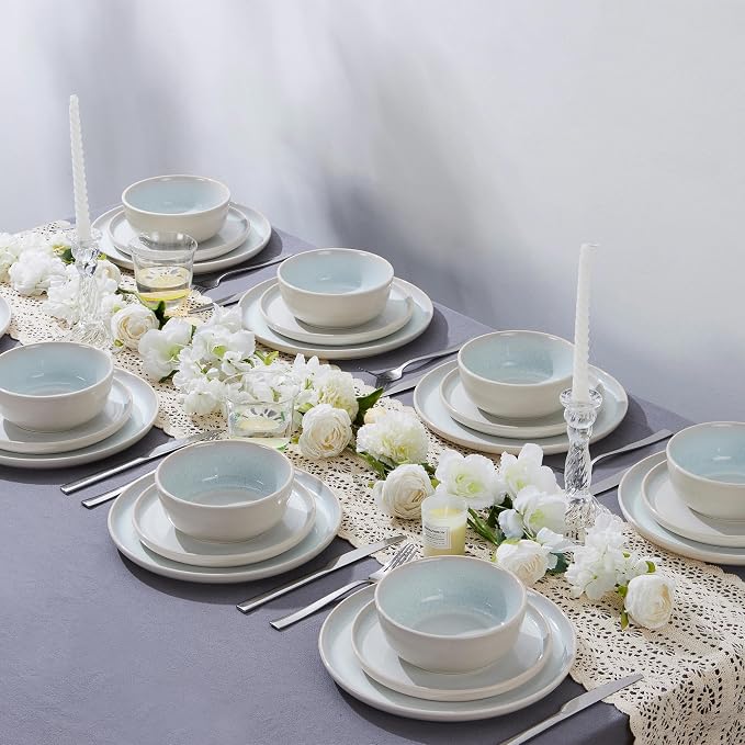 LIANYU 16 Piece Dinnerware Sets with Pasta Bowls for 4, Dusk White | Stoneware Plates and Bowls Set, Modern Dinning Ware Dishware Set, Microwave and Dishwasher Safe