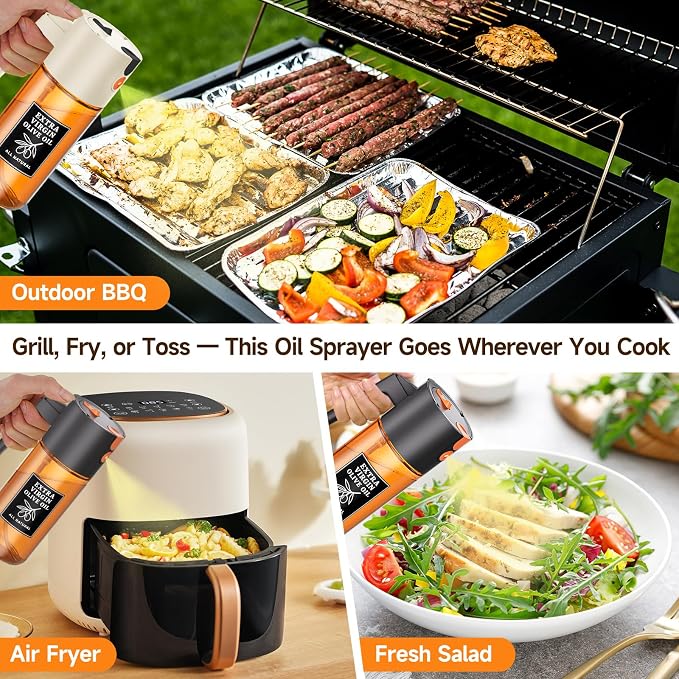 2-Pack 2-in-1 Oil Sprayer & Dispenser Dark Glass Fine Mist No-Drip | Two 500ml dark glass bottles for family cooking, meal prep & oils; food-safe, 304 filter, wide-mouth refill/cleaning.