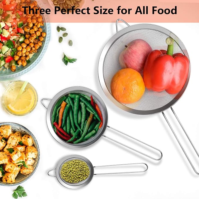 3Pcs Super Wire Extra Fine Mesh Strainer with Handle, Small Medium Large Size Sifter Metal Strainer Set, Stainless Steel Sieve Fine Mesh Strainers for Kitchen Rice Juice Quinoa Food Flour Baking YLYL