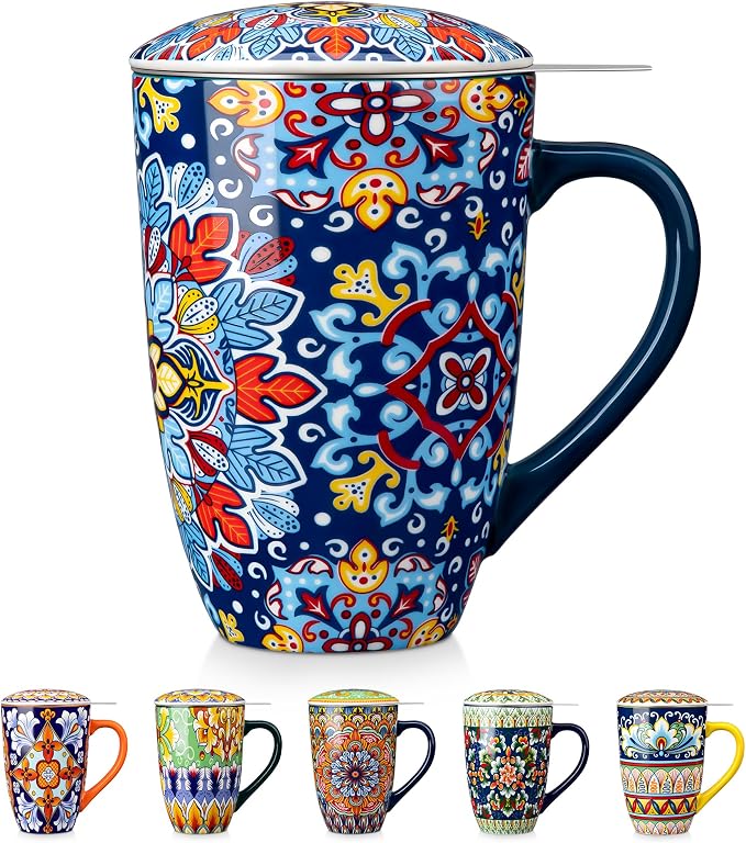 vancasso Ceramic Tea Mug with Infuser and Lid, 18 Ounce Bohemian Loose Leaf Cup, Microwave & Dishwasher Safe, Perfect for Tea, Coffee, Royal-Crimson Flourish
