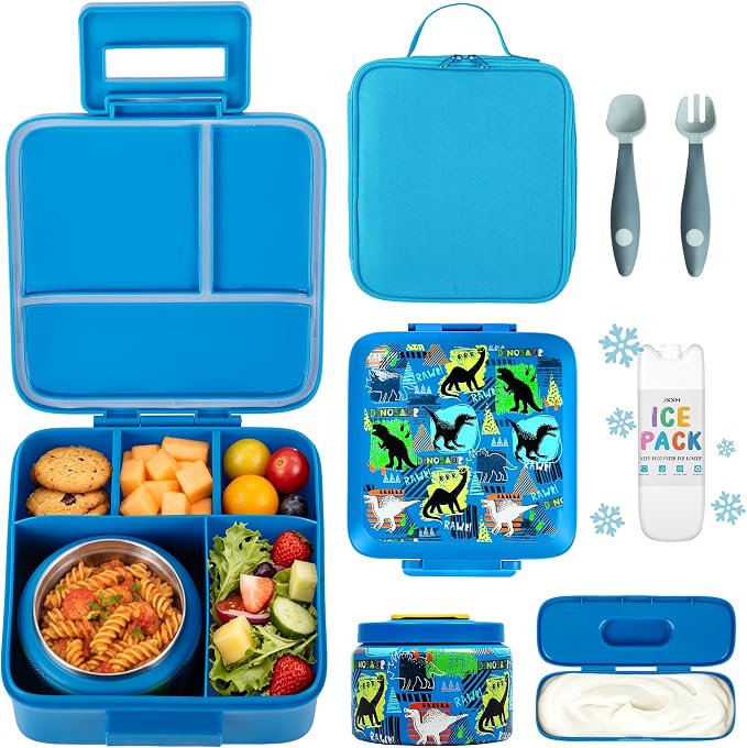 JXXM Bento Lunch Box for Kids With 8oz Soup thermo,Leak-proof Lunch Containers with 5 Compartment,thermo Food Jar and Lunch Bag, Food Containers for School (A-Blue(Dinosaur))