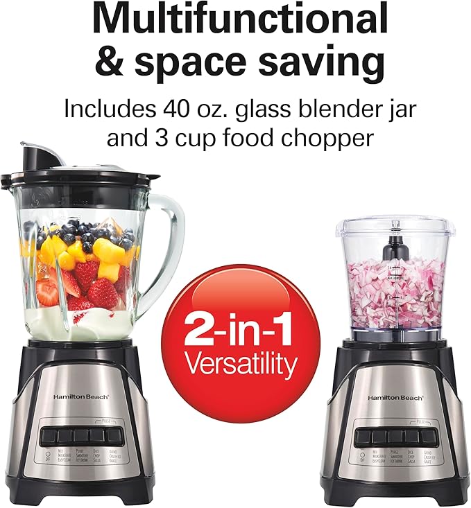 Hamilton Beach Power Elite Blender For Smoothies With Wave Action System | 40 oz. Glass Jar + 3 Cup Mini Food Chopper Attachment | 12 Functions Including Puree, Crush Ice | 700 Watts | Black | 58149G