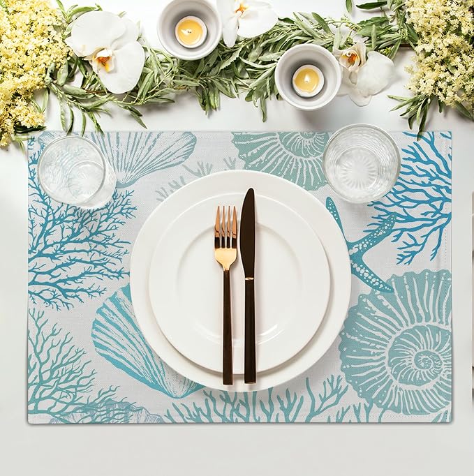 Nautical Coastal Blue Placemats Set of 4 Summer Teal Turquoise Beach Theme Linen Table Mats Ocean Coral Seashell Starfish Decorative Place Mats for Party Kitchen Dining Outdoor Indoor Decor