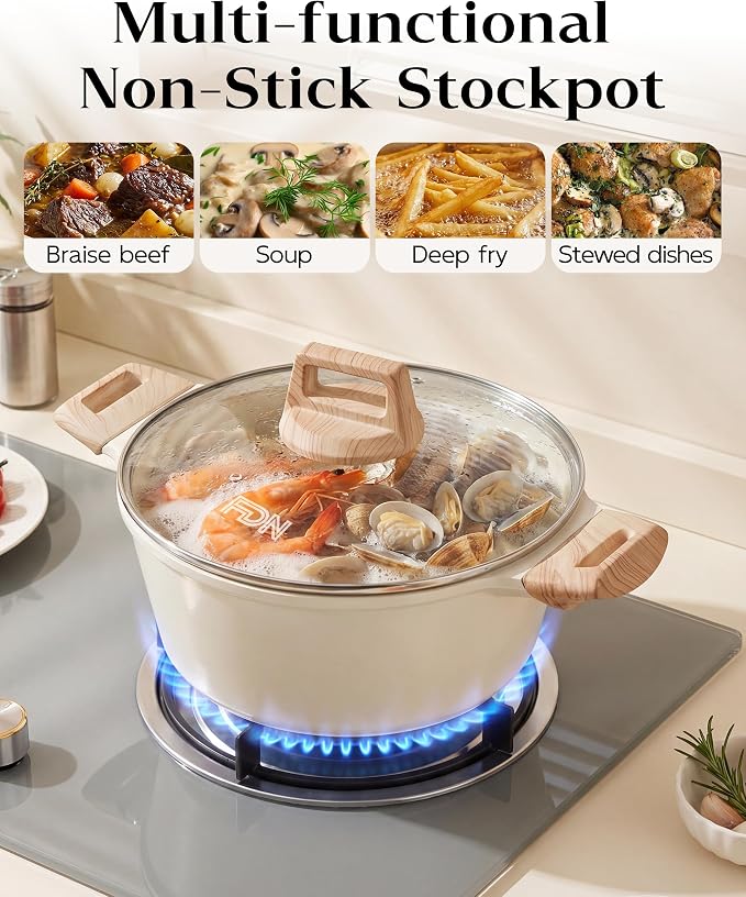 FDN Titanium Ceramic Cooking Pot with Lid, Pfos & Pfoa Free Nonstick Stock Pot, Large Soup Pot, Big Pots for Cooking, Multipurpose Cookware, Ollas Antiadherentes Para Cocinar, Cacerolas, White
