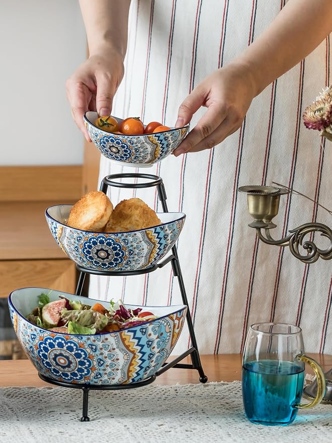 YHOSSEUN 3 Tier Serving Bowls, Serving Dishes for Entertaining Porcelain | Serving Trays and Platters Tiered Bowl Set with Collapsible Thicker Sturdier Metal Rack, Framhouse Kitchen Decor