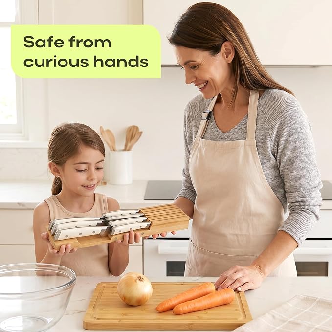 Bamboo In-Drawer Knife Block for 7 Knives – Premium Drawer Knife Organizer Insert, Kitchen Knife Holder for Safe Knife Storage, Compact Kitchen Organization & Drawer Storage
