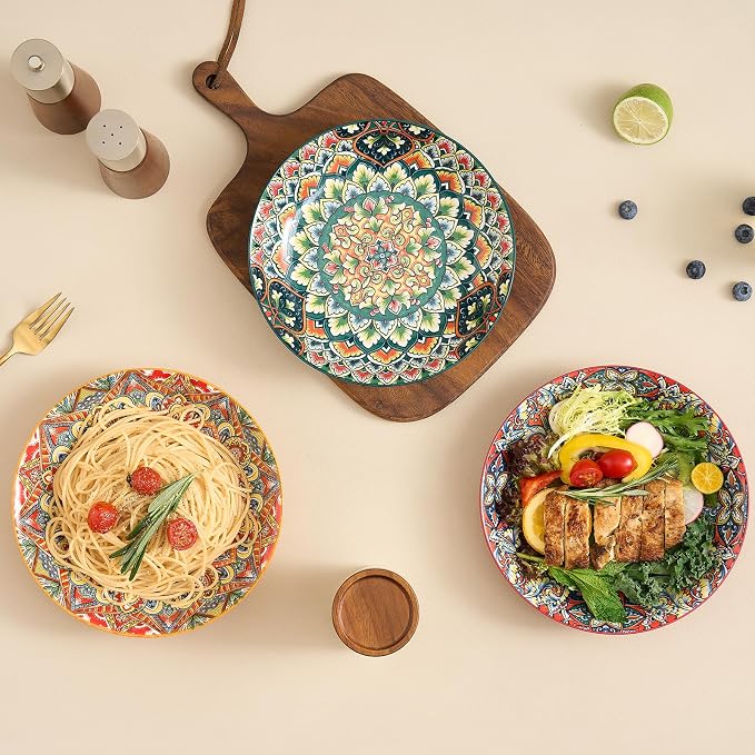 Ceramic Pasta Bowls Set of 6-8 inch 30 oz Serving Bowls, Colorful Dinner Bowls for Soup,Salad, and Pasta, Kitchen, Microwave, Dishwasher Safe, mexican, Bohemian Style