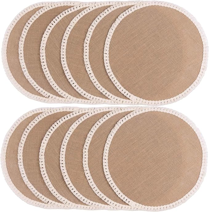 FunWheat 15 Inch Round Jute Placemats Set of 12, Braided Burlap Table Mats for Dining Table, Heat Resistant Farmhouse Woven Placemats for Fall Farmhouse Decor (Short Tassels)