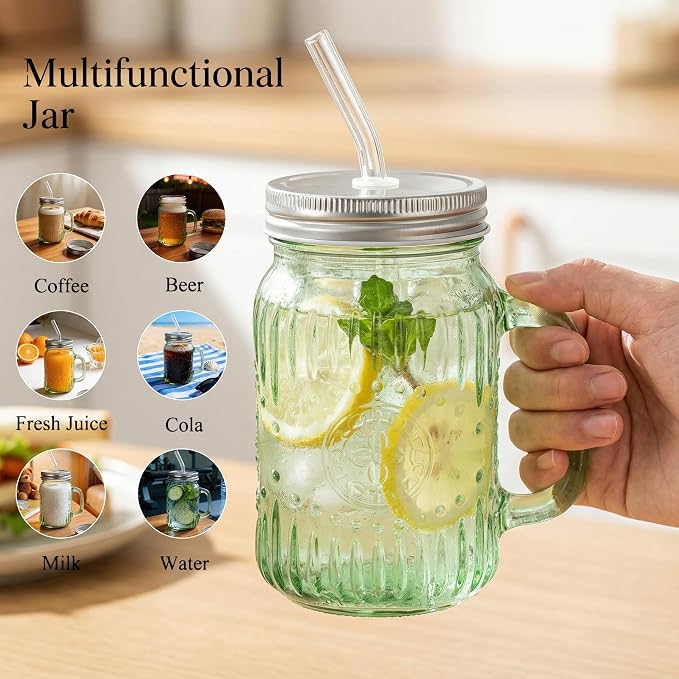 DaYammi 6 Pack Mason Jars Cups with Lids and Straws, Green, 16 ounces | Vintage Drinking Glasses, Leak Proof Iced Coffee Cups for Daily Use & Party