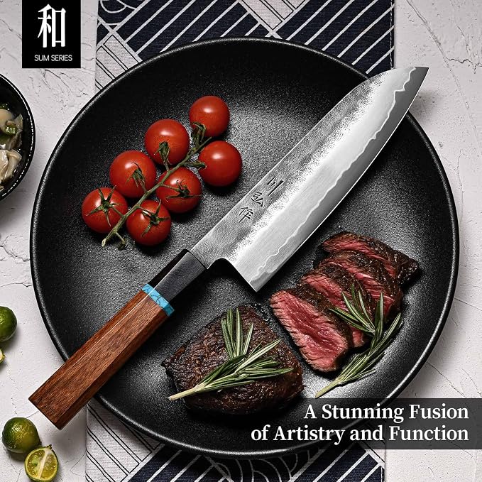 7 Inch Japanese Santoku Knife, Hand Forged VG10 Chef Knife | 3-Layer Steel, Ultra Sharp Lightweight for Effortless Meat & Vegetable Prep, Octagonal Handle, Kurouchi Finish, Wood Gift Box
