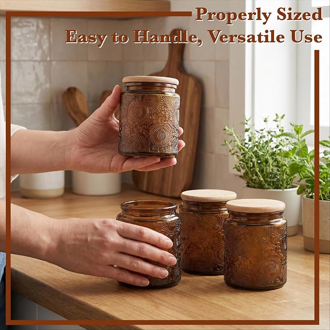 8 oz Decorative Small Glass Jars with Airtight Bamboo Lids, Amber 6 Pack | Vintage embossed color coated containers, kitchen pantry bathroom organization & decor, spices, DIY gifts, candle making