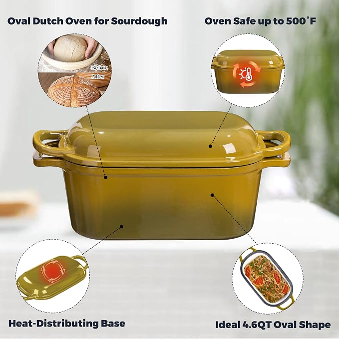 4.6 Quart Dutch Oven for Sourdough Bread Baking | Oval Bread Dutch Oven with Lid, Cast Iron Bread Pan for Crispy Crust, Steam Baking Design for Artisan Homemade Loaves, Olive