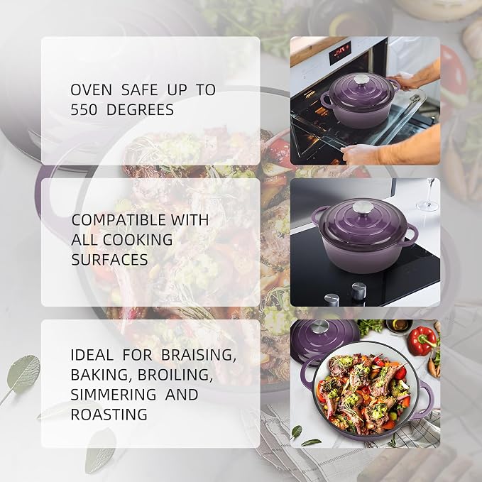 Dutch Oven Enameled Cast Iron with Lid - Big Dual Handles - Oven Safe up to 500°F - Classic Round Pot for Versatile Cooking (Purple, 3 QT)