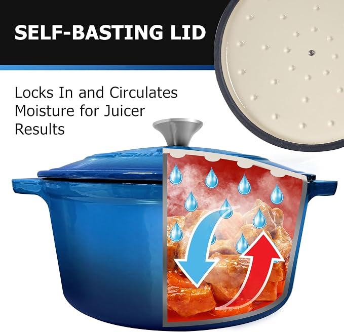 Mueller 6qt Enameled Cast Iron Dutch Oven, Heavy-Duty Casserole and Braiser Pan with Lid and Knob, Safe for All Cooktops, Aqua Blue | Casserole & Braiser Pan, Sourdough Bread Baking, PFOA-Free, Oven Safe to 500°F, All Cooktops incl. Induction, Aqua Blue