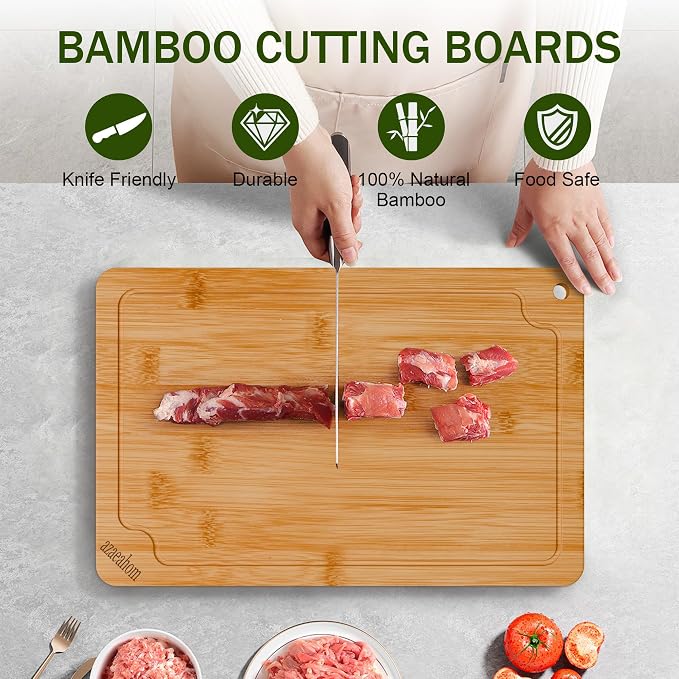 2-Piece Bamboo Cutting Board Set Serving Tray Juice GroovesHandles | Ideal for Meat Vegetables Fruit,Easy Storage & Quick Clean,Natural Wood Construction,Dual-Purpose as Serving Tray
