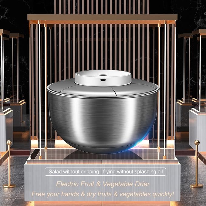 Electric Salad Spinner, 4.8L Large Capacity Lettuce Spinner Stainless Steel Salad Rotator Vegetable Dryer Fruit Washer Lettuce Cleaner Drainage Basket, USB Rechargeable Salad Dryer Food Dehydrator