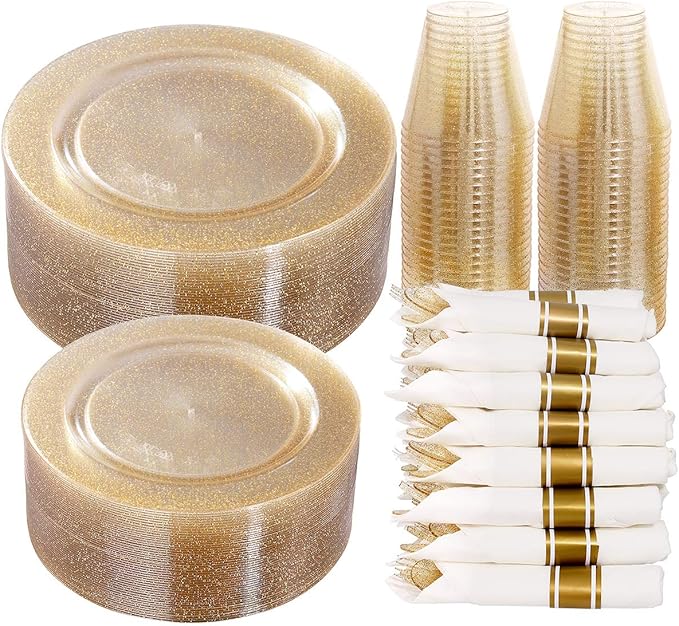 DaYammi 350Pcs Gold Glitter Dinnerware Set 50 Guest for Party Gold Plates Disposable - 50 Dinner Plate,50 Dessert Plate,50 Per Rolled Napkins with Gold Cutlery,50 Plastic Cups 9 OZ for Party Wedding