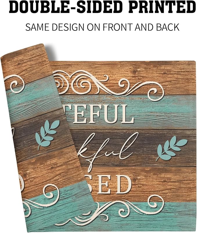 Thankful Placemats Set of 4 18x12 Inch Grateful Blessed Linen Place Mats Heat-Resistant Washable Wipeable Farmhouse Table Mat for Party Kitchen Dining Room Dinner Table Decor