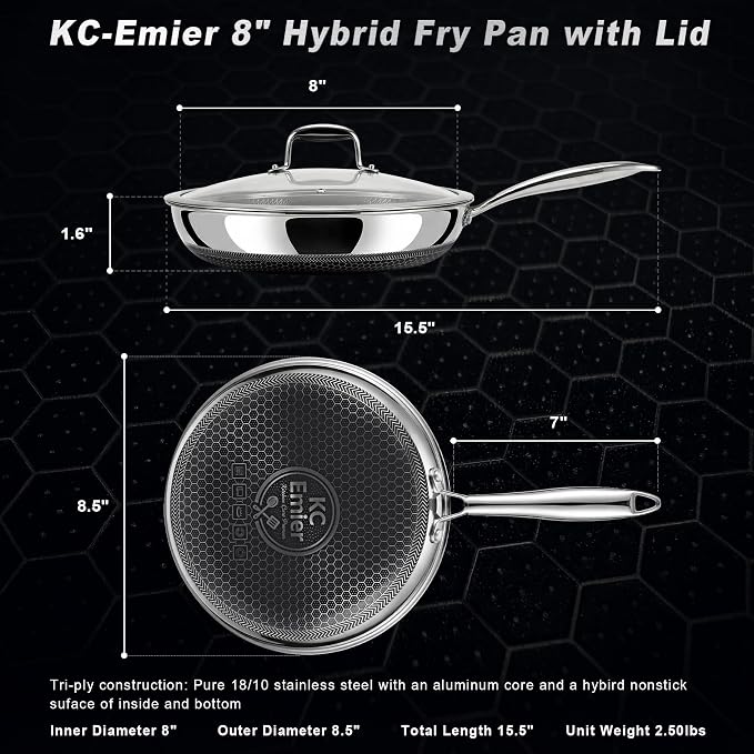 8" Non-Stick Frying Pan with Lid Tri-Ply Stainless Steel Pan with Stay-Cool Handle Oven & Dishwasher Safe For Induction, Ceramic & Gas Stovetops