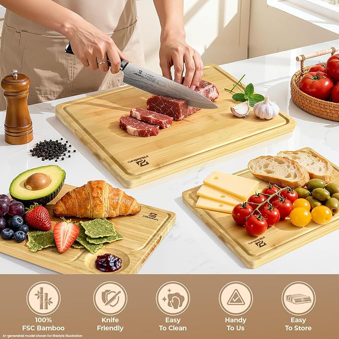 Bamboo Cutting Boards Set of 4 for Kitchen with Wood Storage Stand | Premium Chopping & Charcuterie Board with Juice Groove, Non Slip Feet and Easy-Grip Handles, Steak Serving Tray, Gift Box