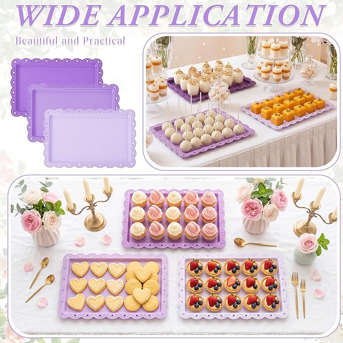 3 Pcs Purple Serving Trays Plastic Platters Dessert Cupcake Holder Party Supplies 14.4 x 9.3 Inches Rectangular Cookie Snack Display Tray for Wedding Restaurant