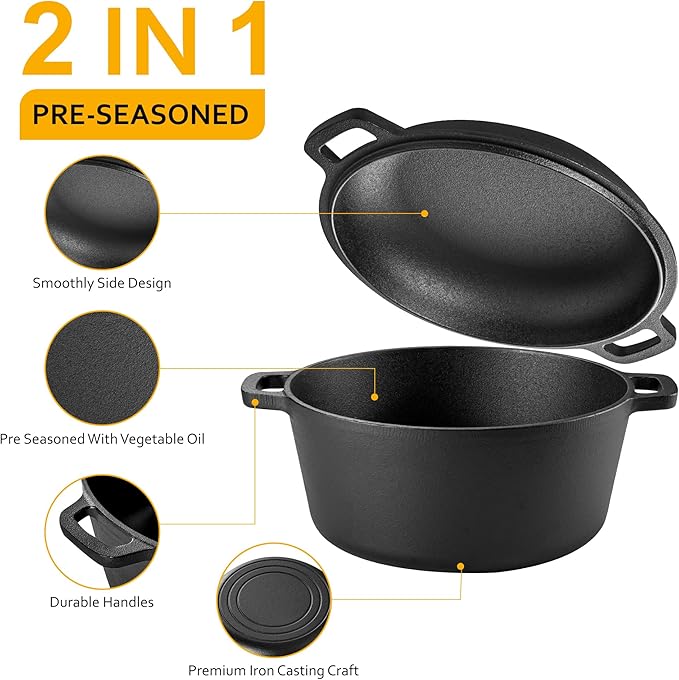 Velaze Cast Iron Dutch Oven with Skillet Lid, 2-in-1 Pre-Seasoned, 5QT | Dual Handles,for Bread Baking,Frying,Camping,Home Cooking Use,Non Stick Finish,Oven,Grill,Includes Tripod,Lid as Cooking Pan