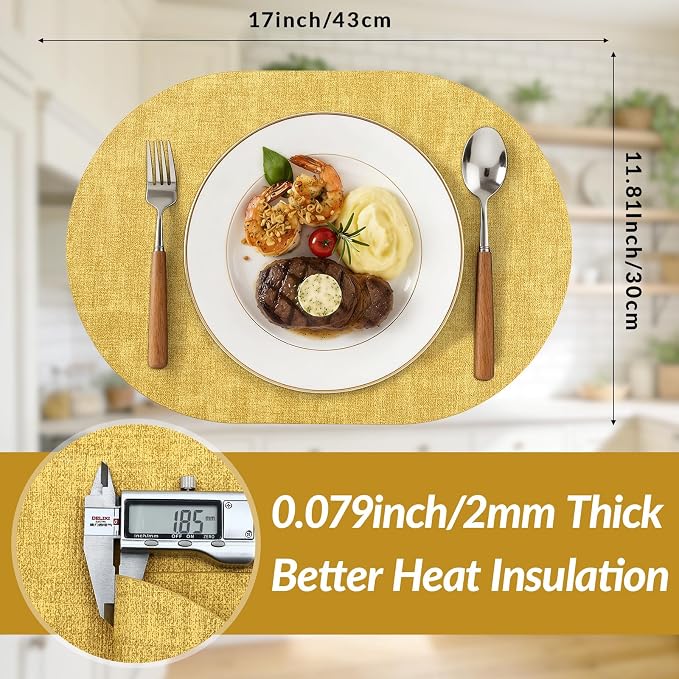 Placemats Set of 4, 11.8 x 17 Inch, Yellow | Heat Resistant Oval Faux Leather Place Mats, Waterproof Wipeable Reversible PU Placemat, Indoor & Outdoor